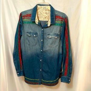 Tasha Polizzi Womens Cotton Denim Shirt with Multicolor Embroidery Size Large